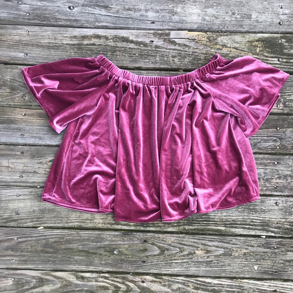 ANTHROPOLOGIE Purple Velvet Off the Shoulder Top